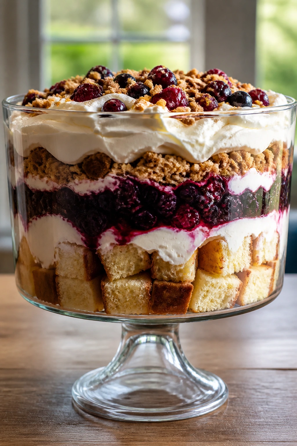 Layered trifle with cake, berry, crunch, and frosting layers in a glass bowl.