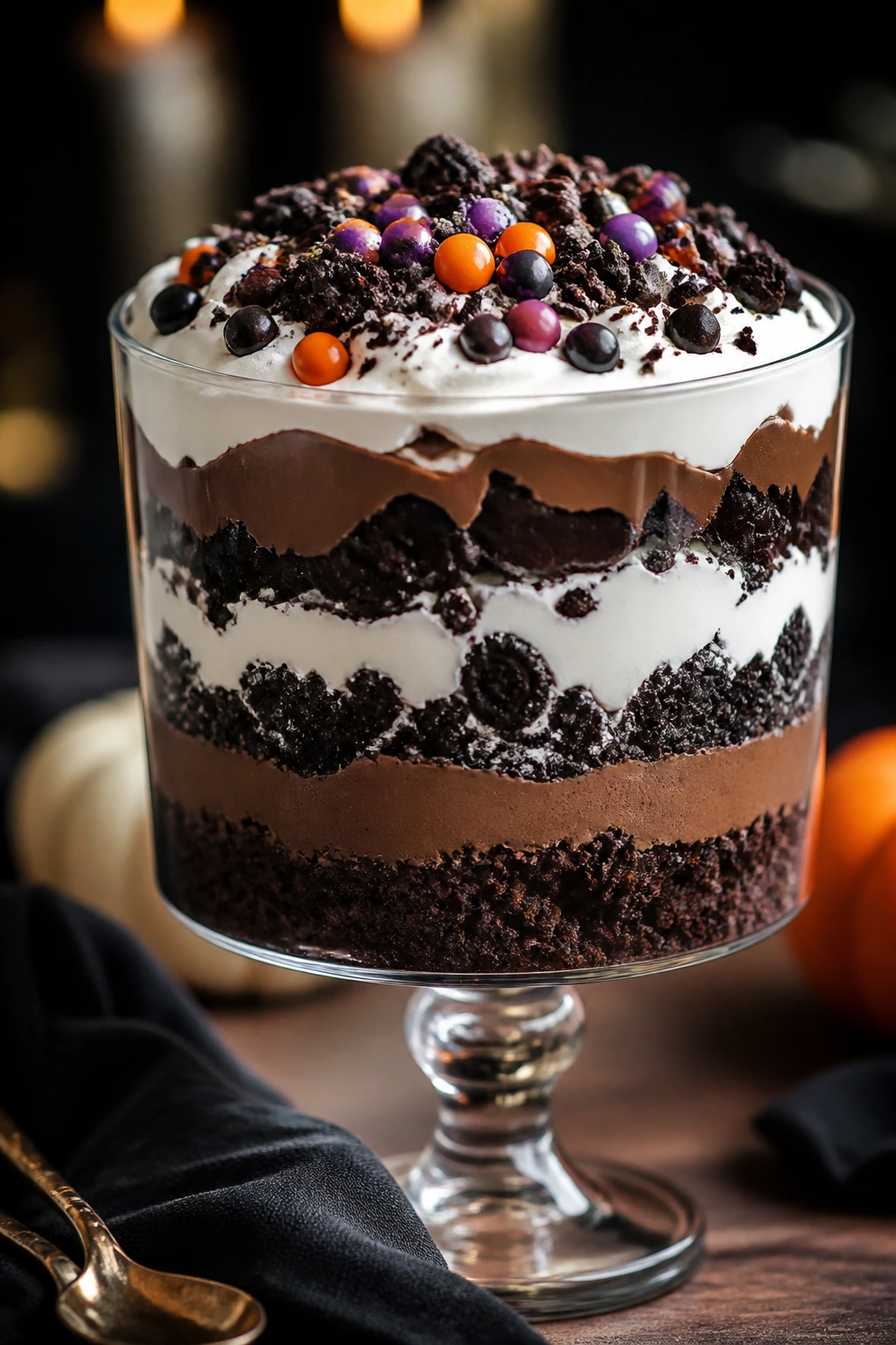 Tall glass trifle showing colorful layered dessert ready to serve