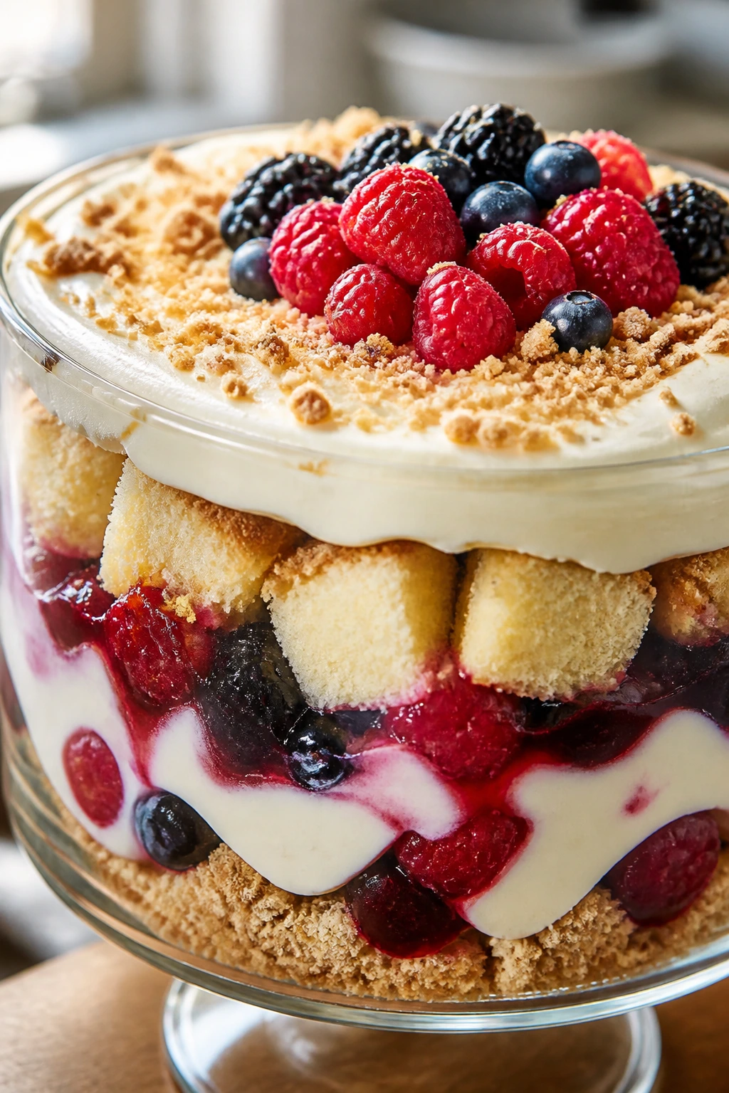 Layered cheesecake trifle in a glass bowl in a bright kitchen