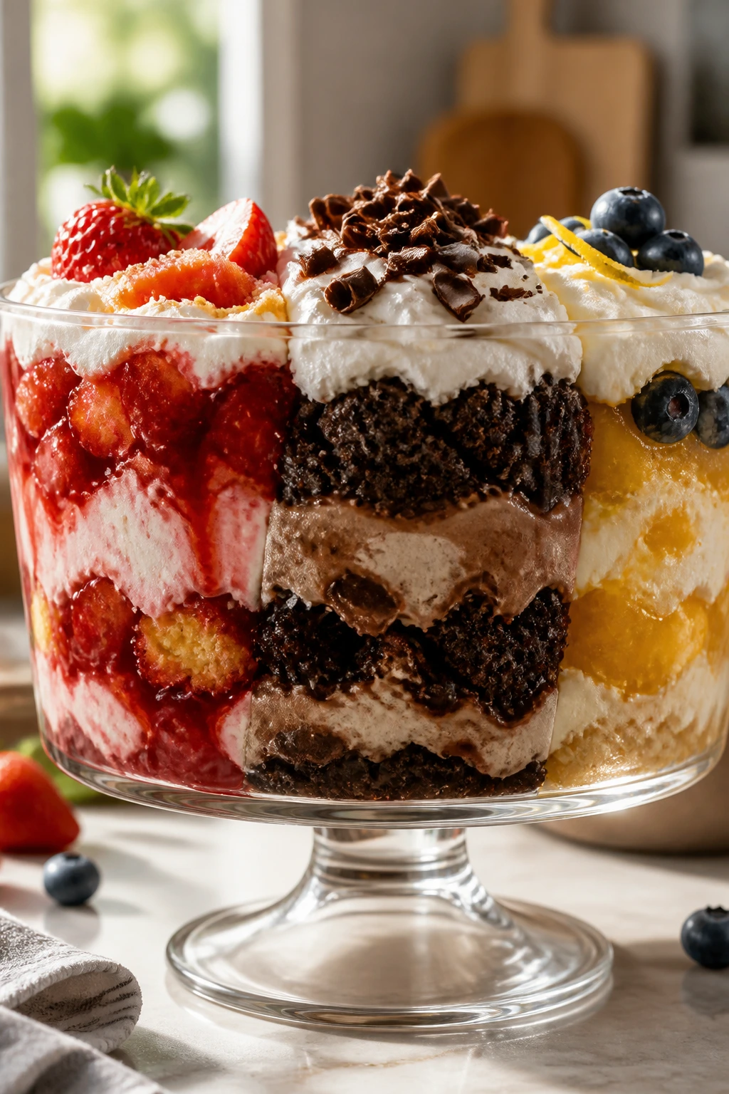Trifle bowl with berry and chocolate layers illustrating variations
