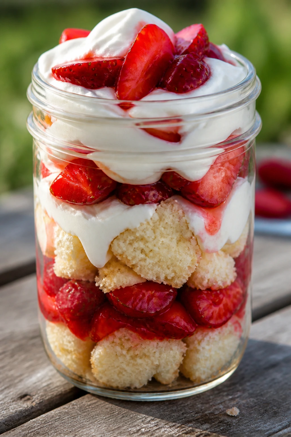 Strawberry shortcake trifles in jars with visible layers