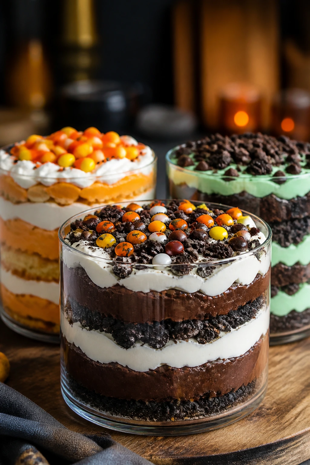 Three trifles on a wooden counter showing layered textures and toppings.