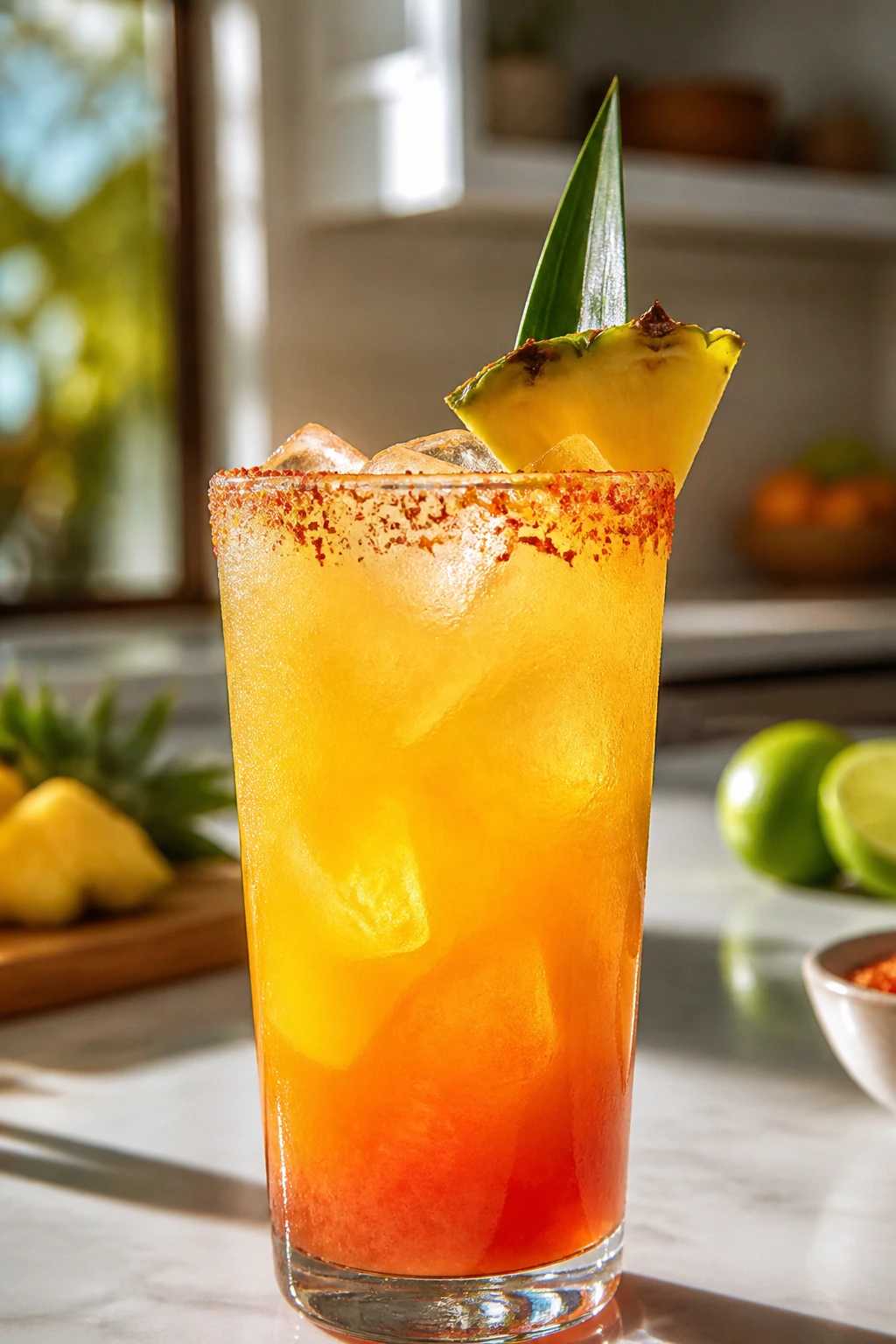 Vibrant tropical cocktail with Tajín rim on a bright kitchen counter