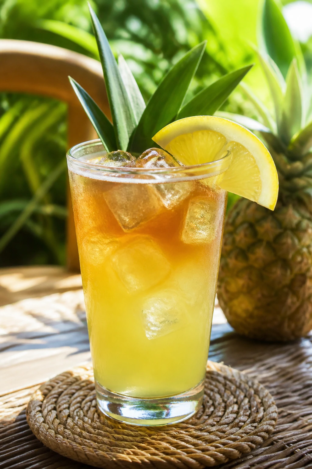 Tropical Arnold Palmer in a glass with lemon and pineapple leaf on a sunny patio