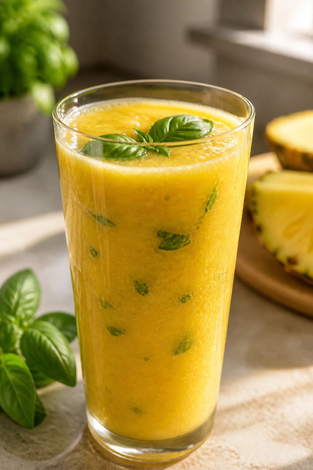 Close-up of tropical basil smoothie in glass with basil leaves on a sunlit kitchen counter