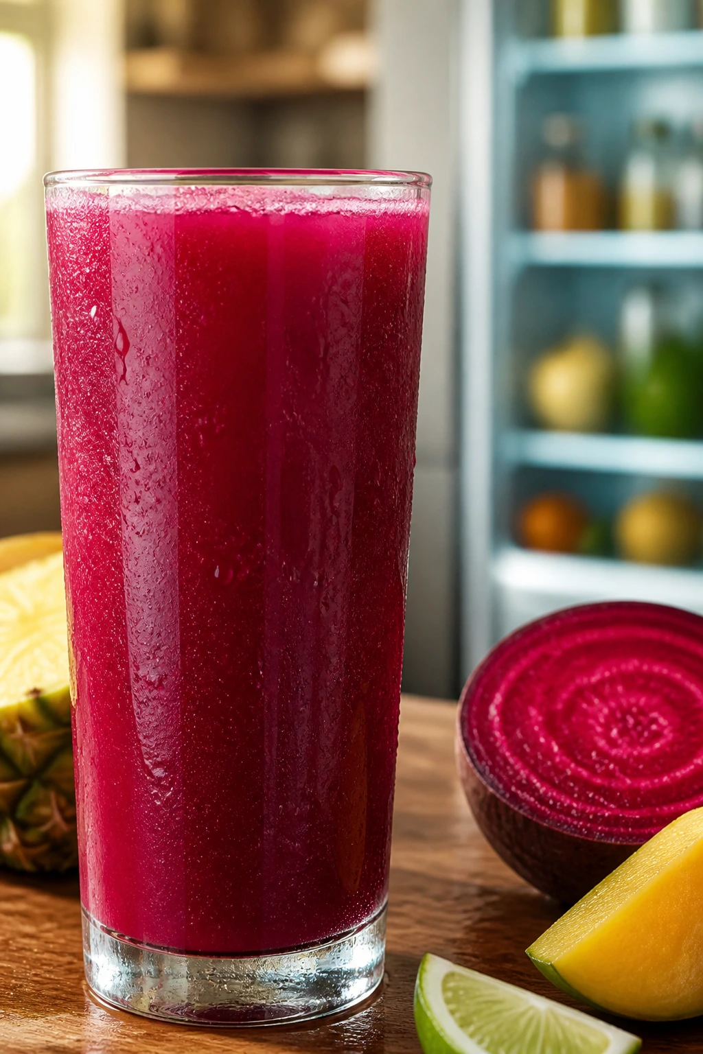 Close-up of tropical beet juice in a glass on a kitchen counter