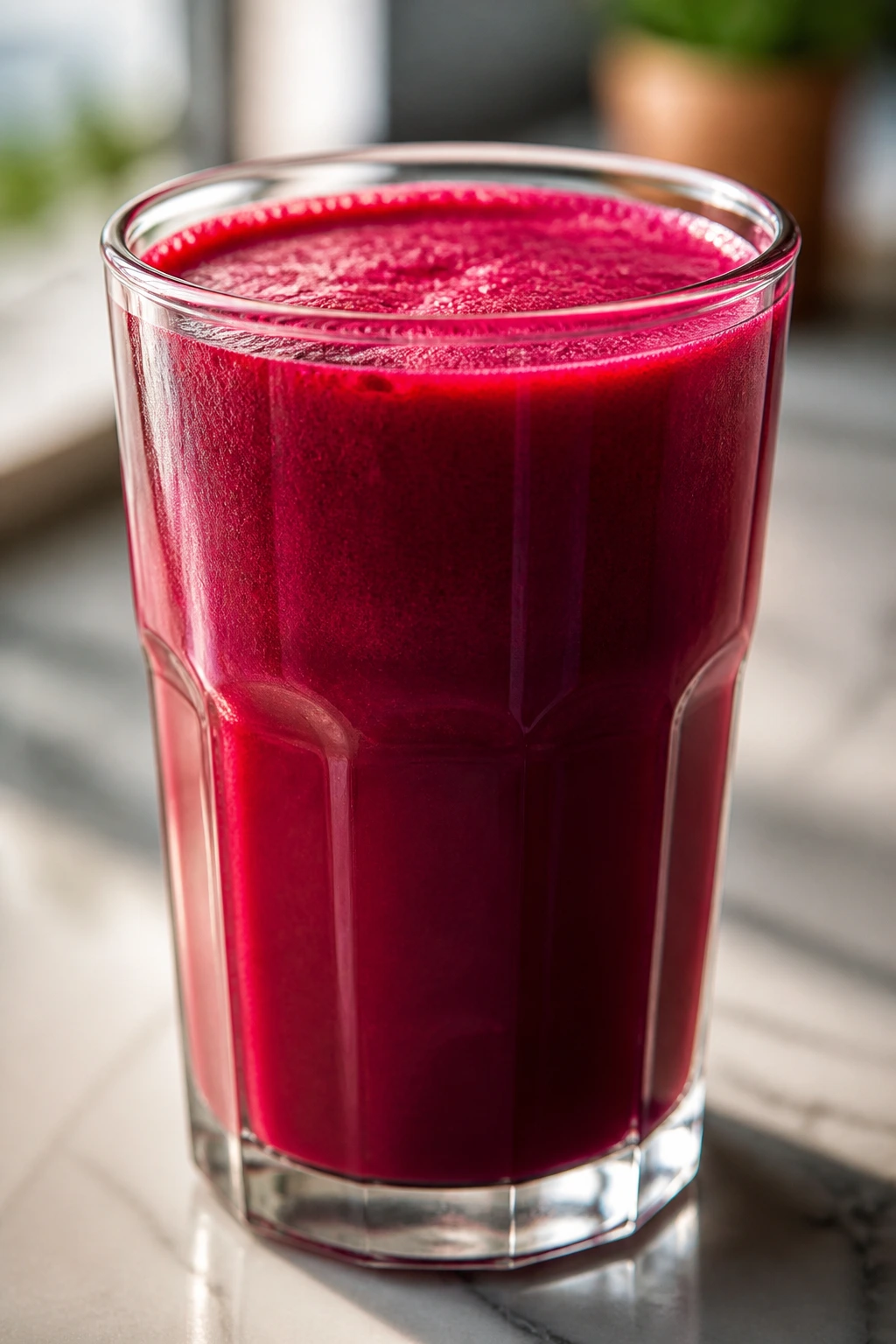 Close-up of magenta tropical beet juice in glass on counter