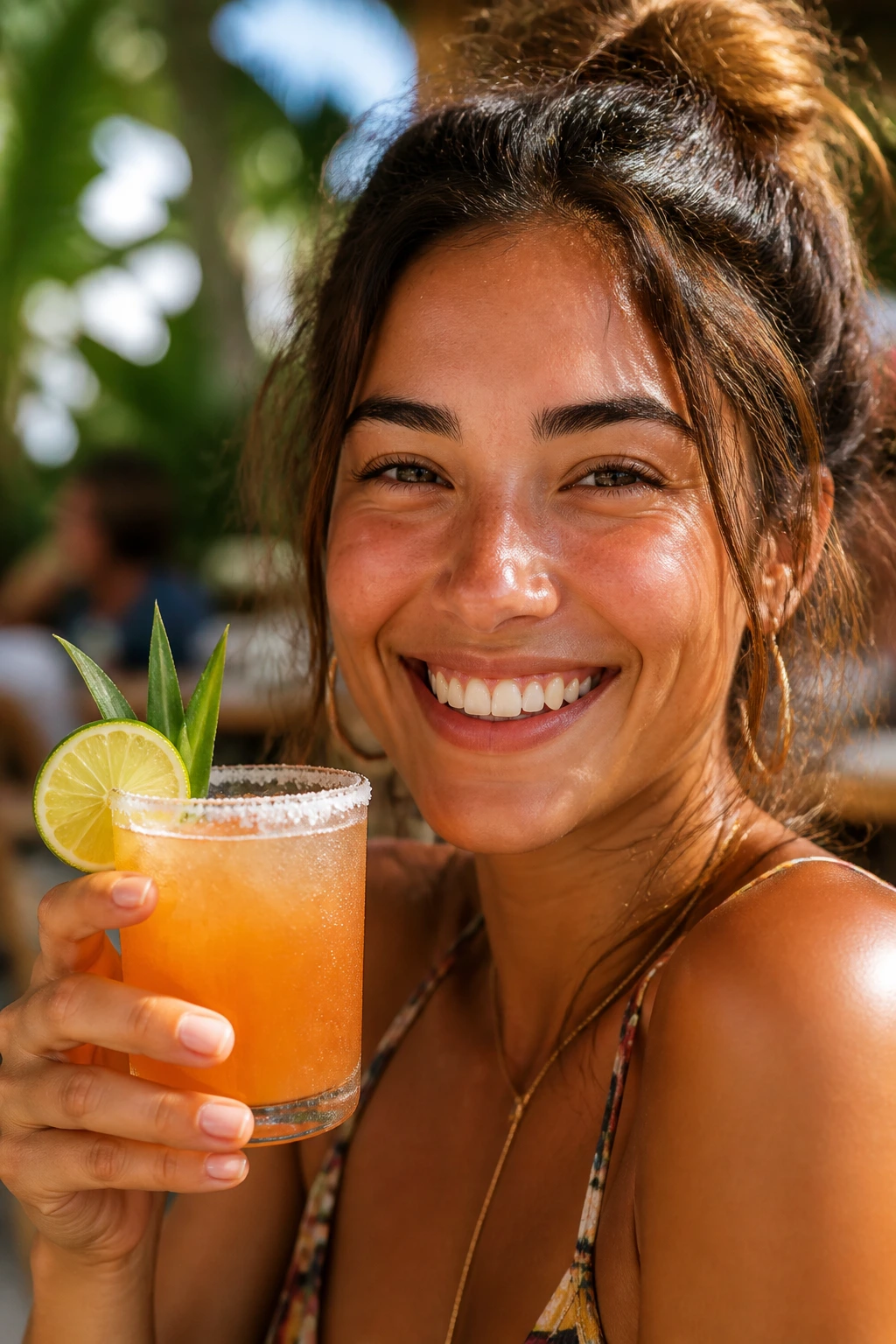 Smiling person holding tropical cocktail at brunch