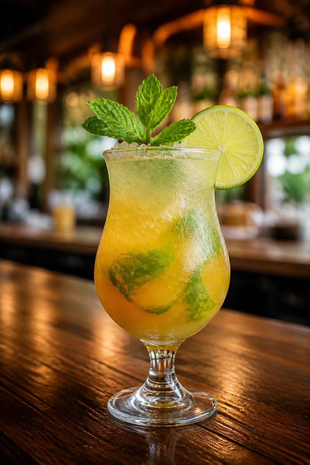 Tropical cocktail in a hurricane glass with lime wheel and mint garnish.