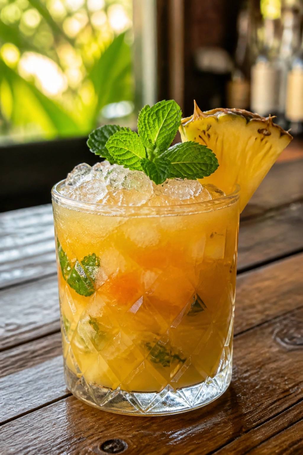 Close-up tropical cocktail on a wooden bar with pineapple garnish