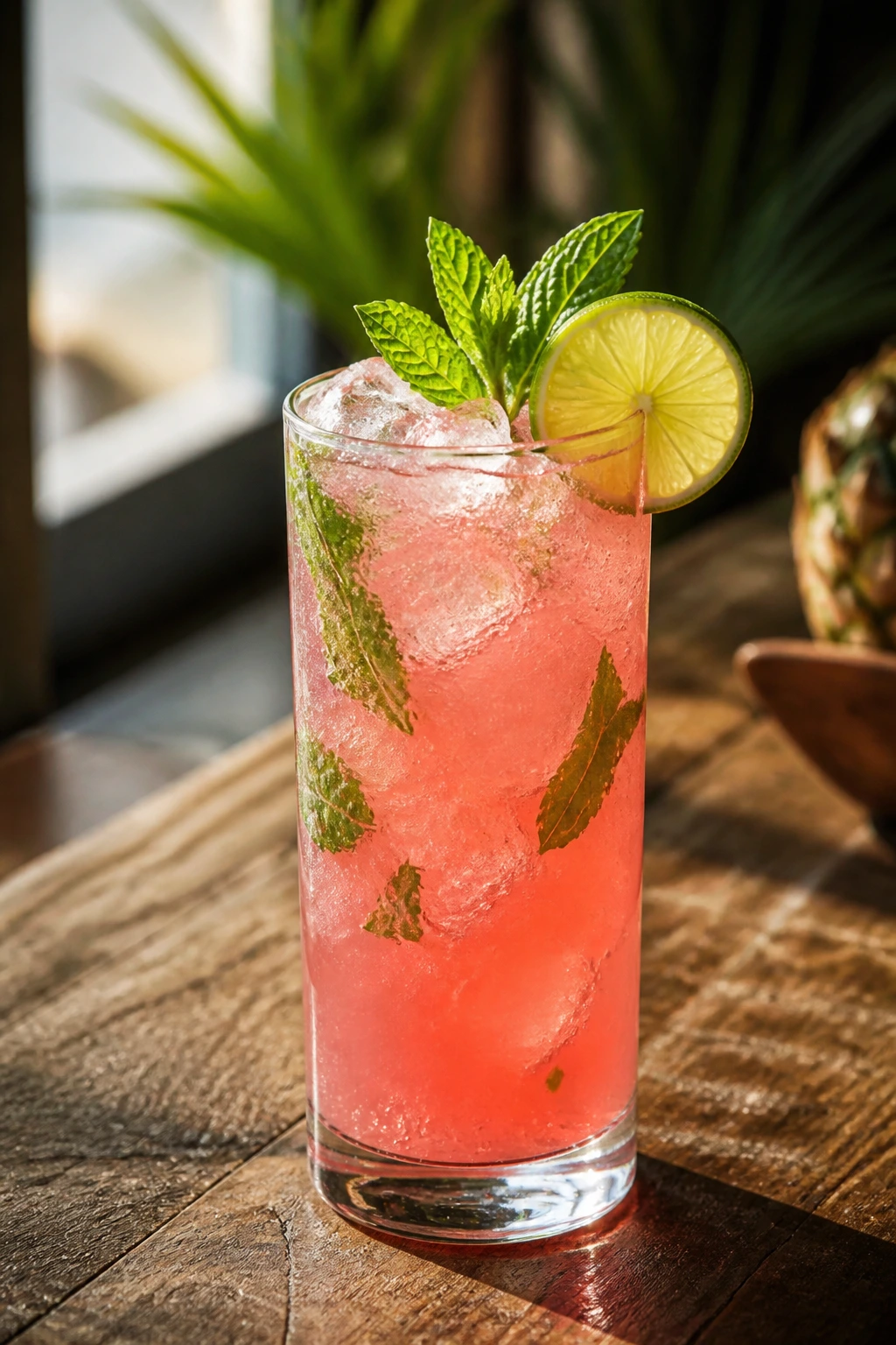Close-up of a pink tropical cocktail in a tall glass with lime and mint garnish