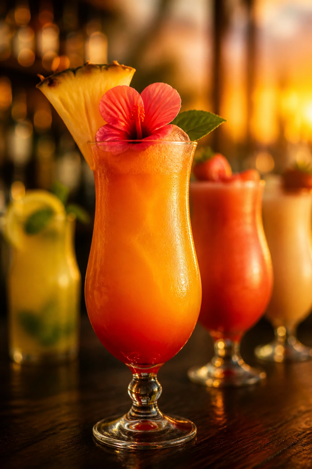 Close-up of a bright tropical cocktail in a tall glass on a bar