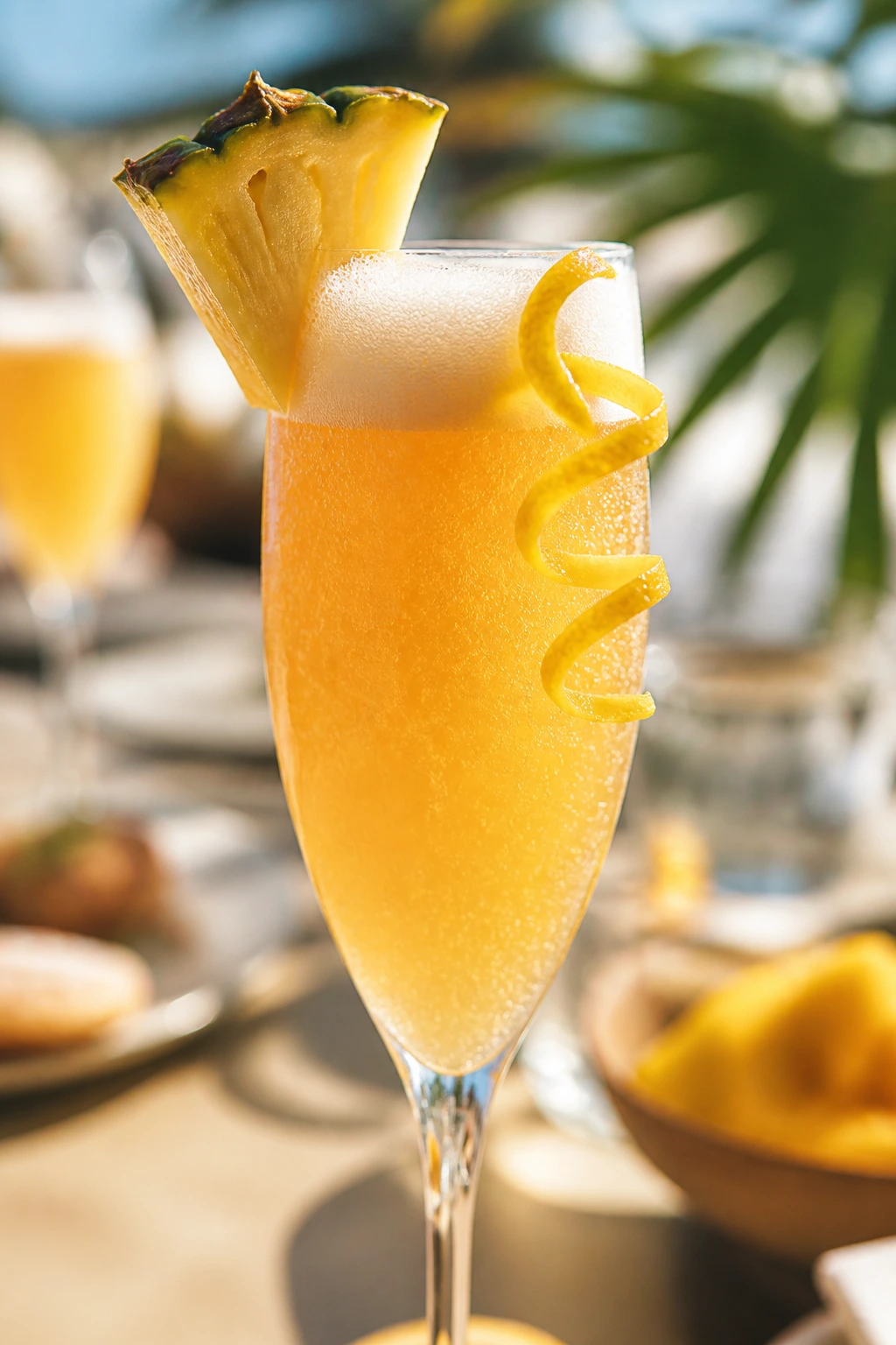 Close-up of a tropical brunch cocktail showing balance of fruit and dry bubbles