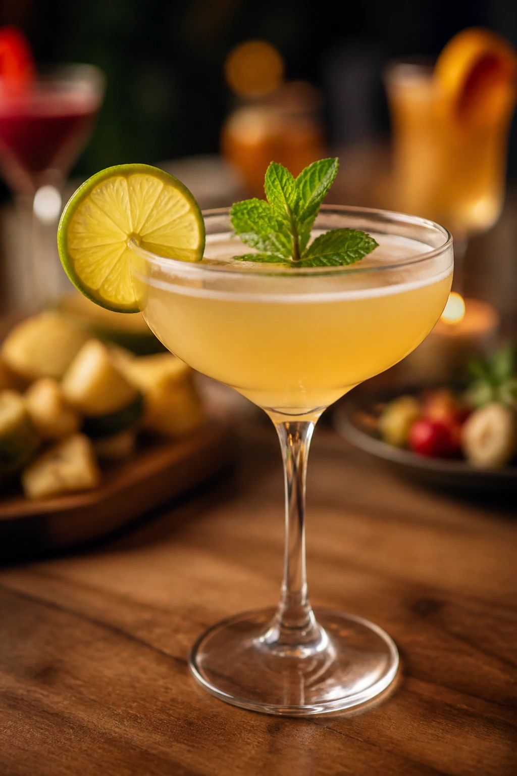 Tropical cocktail served on a wooden table illustrating serving ideas
