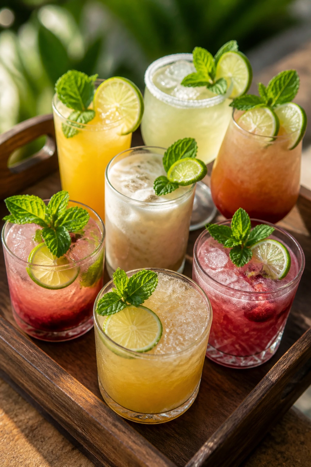 Overhead view of a wooden tray with colorful tropical cocktails garnished with lime and mint.