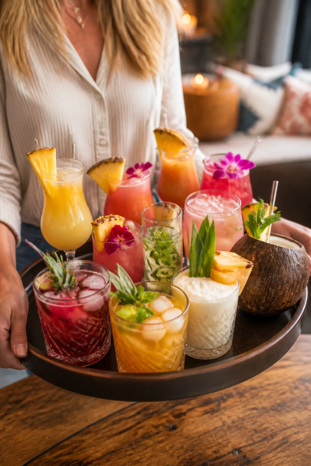 Person presenting a colorful tray of tropical cocktails in a cozy living room