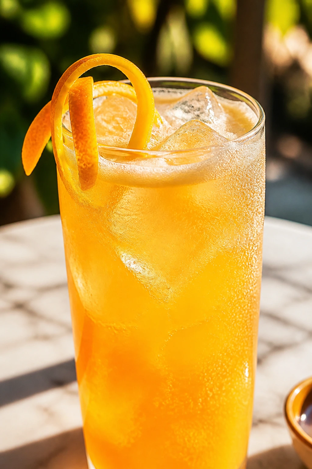 Tall glass tropical creamsicle spritz on a sunlit outdoor table