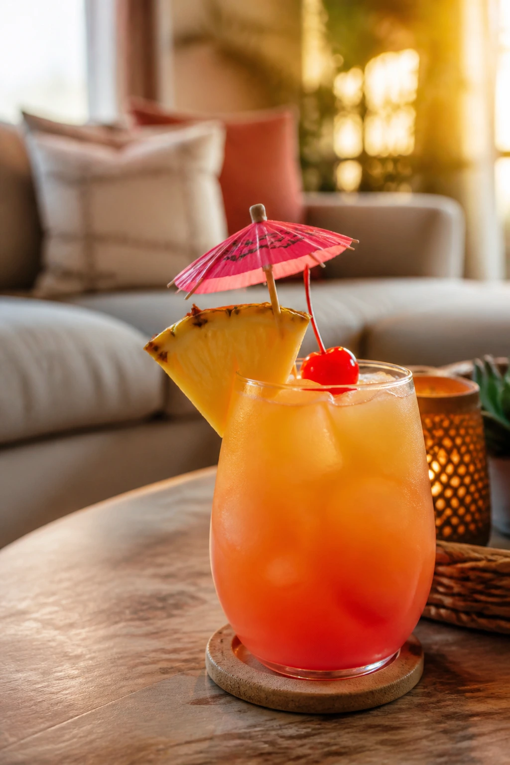 A vibrant tropical cocktail on a coffee table in a cozy living room