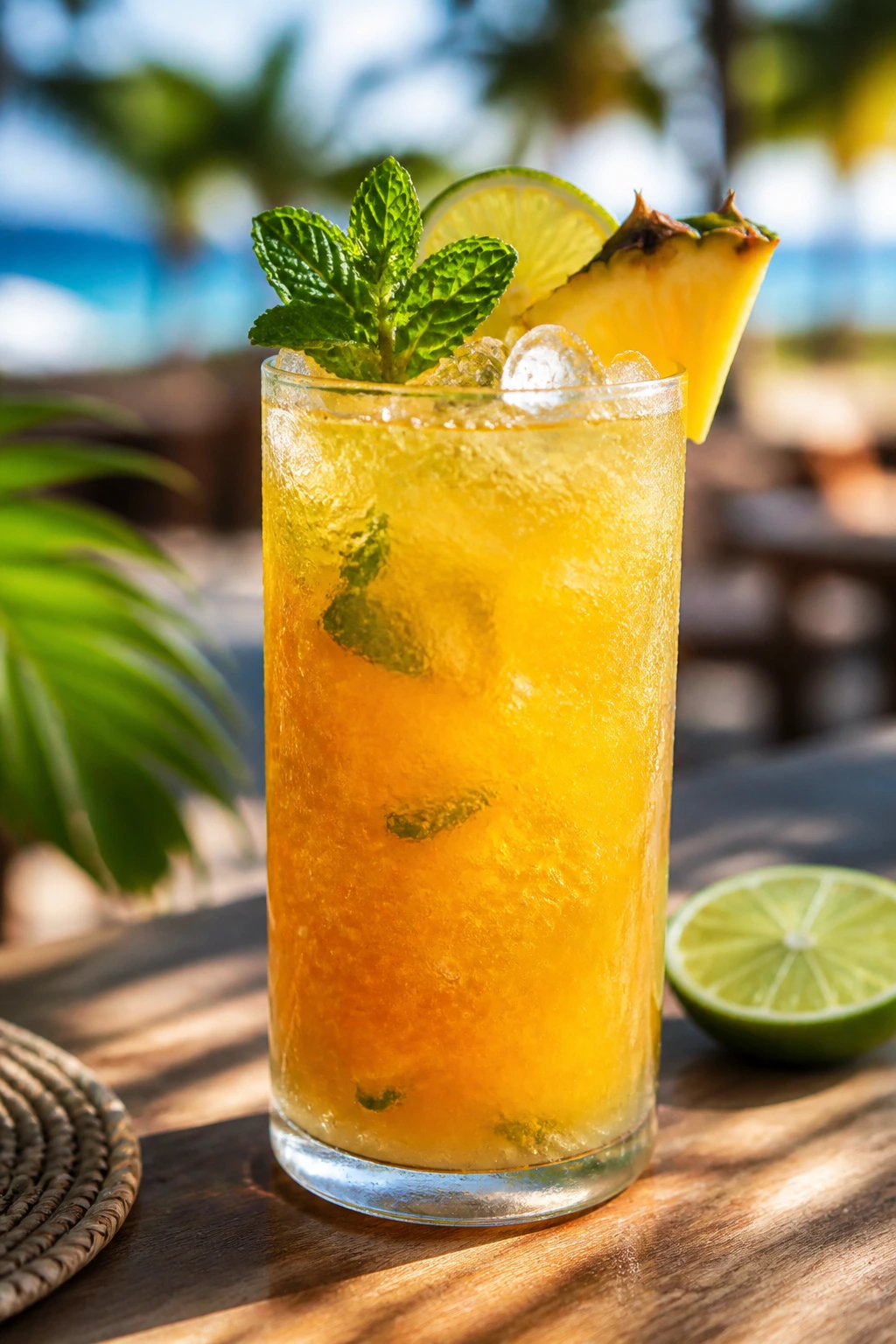 Close-up of a tropical mocktail evoking vacation vibes with pineapple and lime