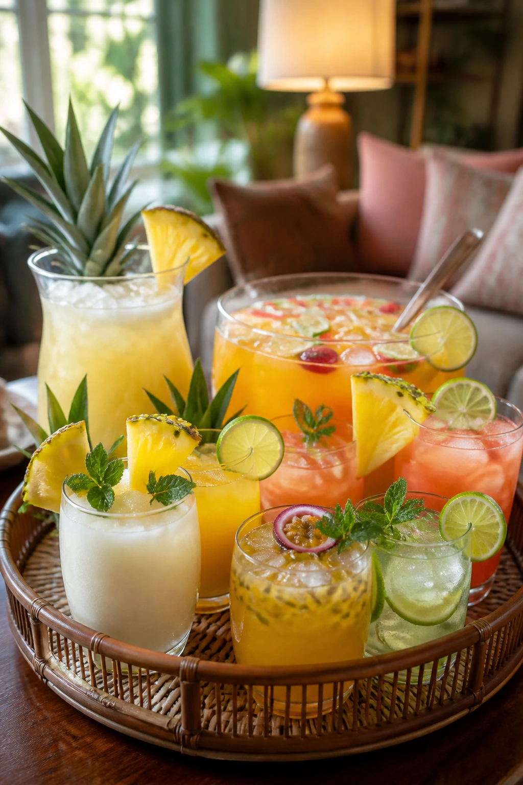 Tropical drinks tray with pitcher and glasses in cozy living room