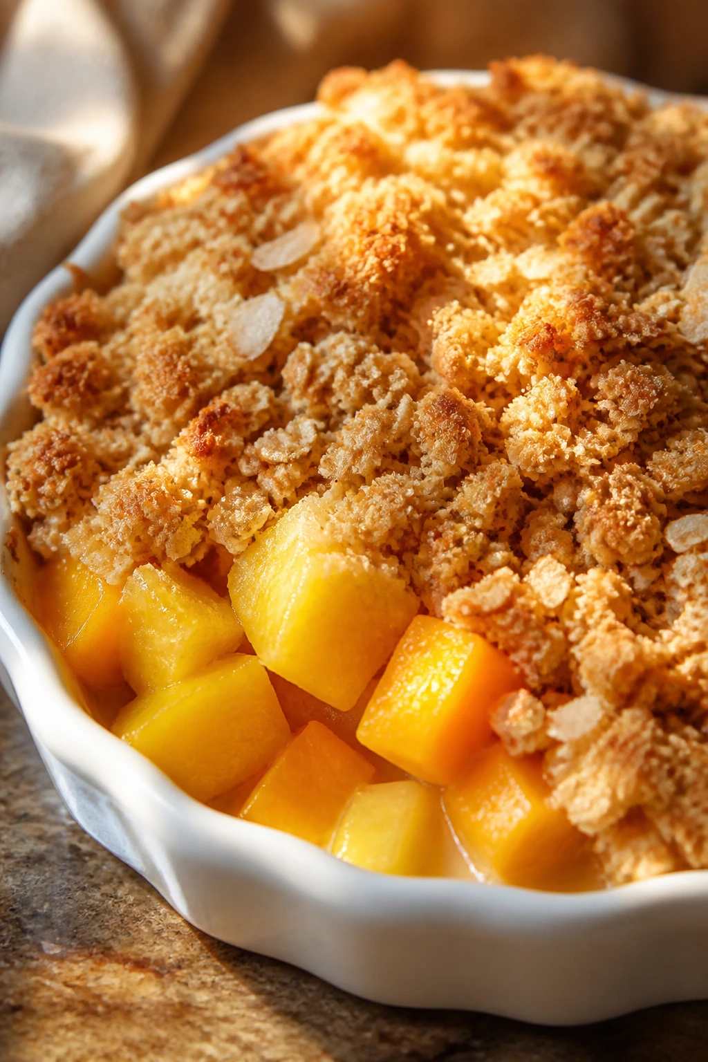 Close-up of tropical fruit crisp in a small baking dish with oat topping