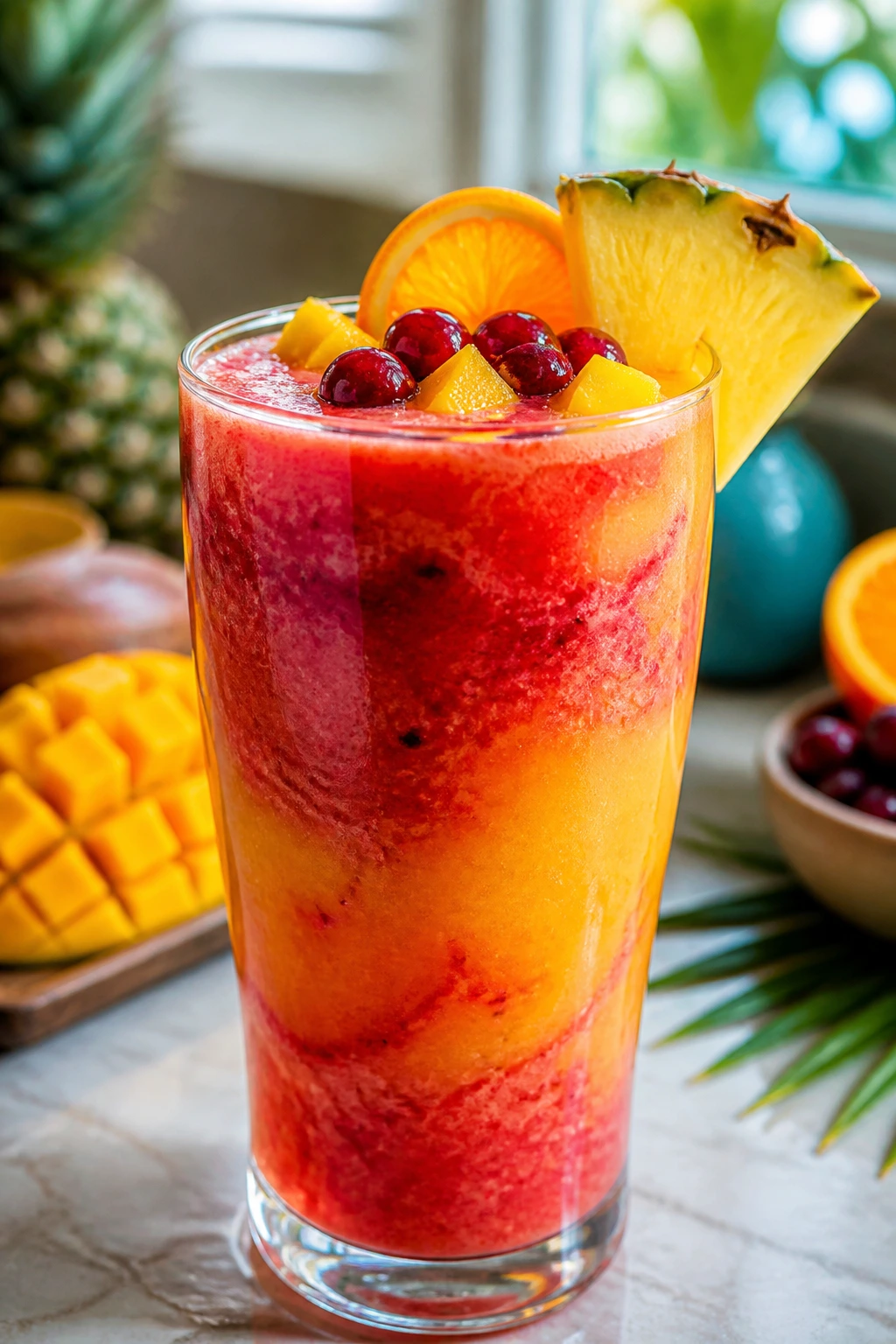 Close-up of a vibrant tropical fruit punch smoothie in a glass on a bright counter
