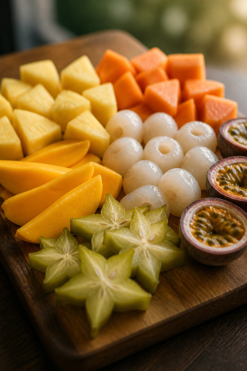 Geometric arrangement of tropical fruits on a wooden board showing structure