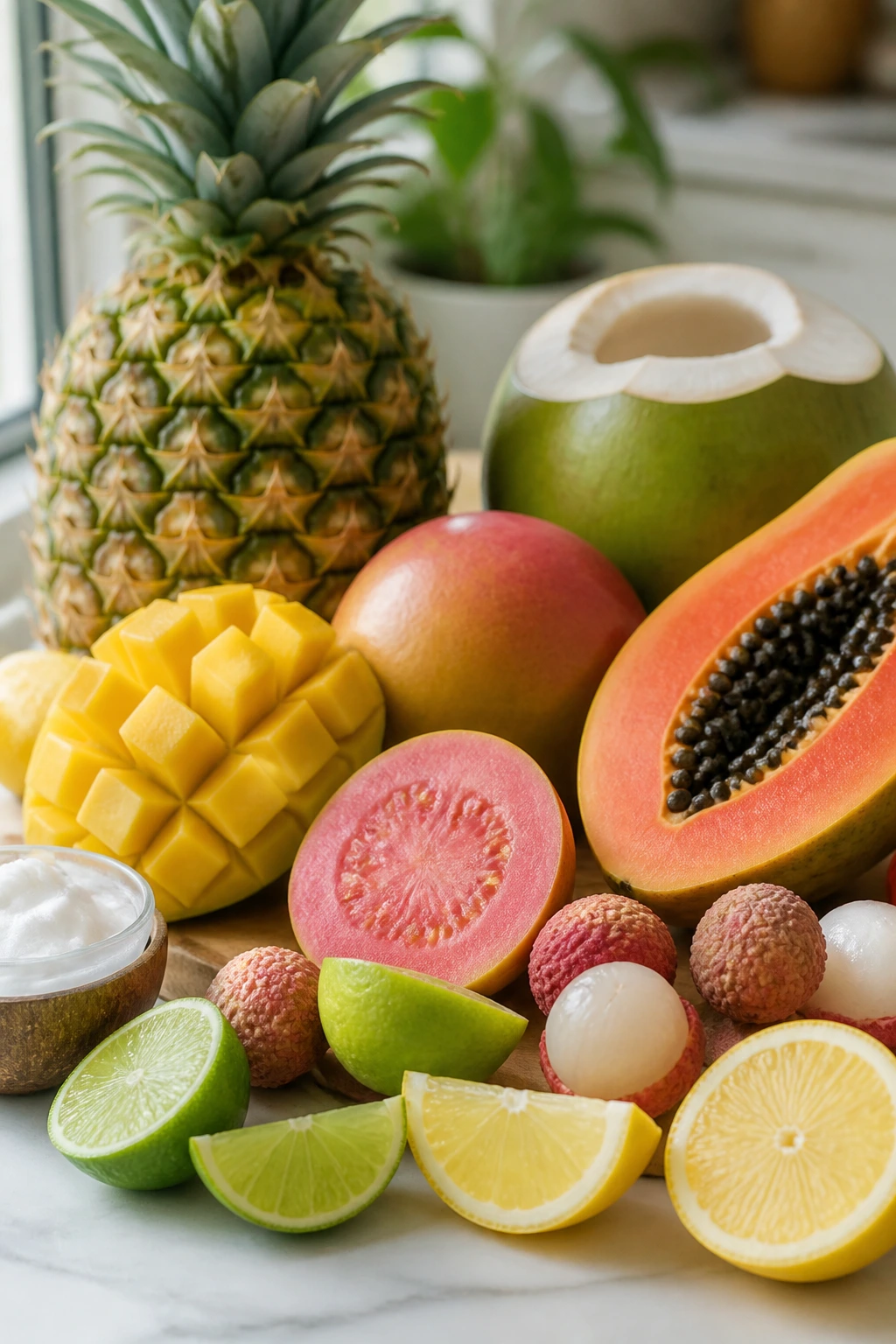 Bright assortment of fresh tropical fruits and citrus on a kitchen counter