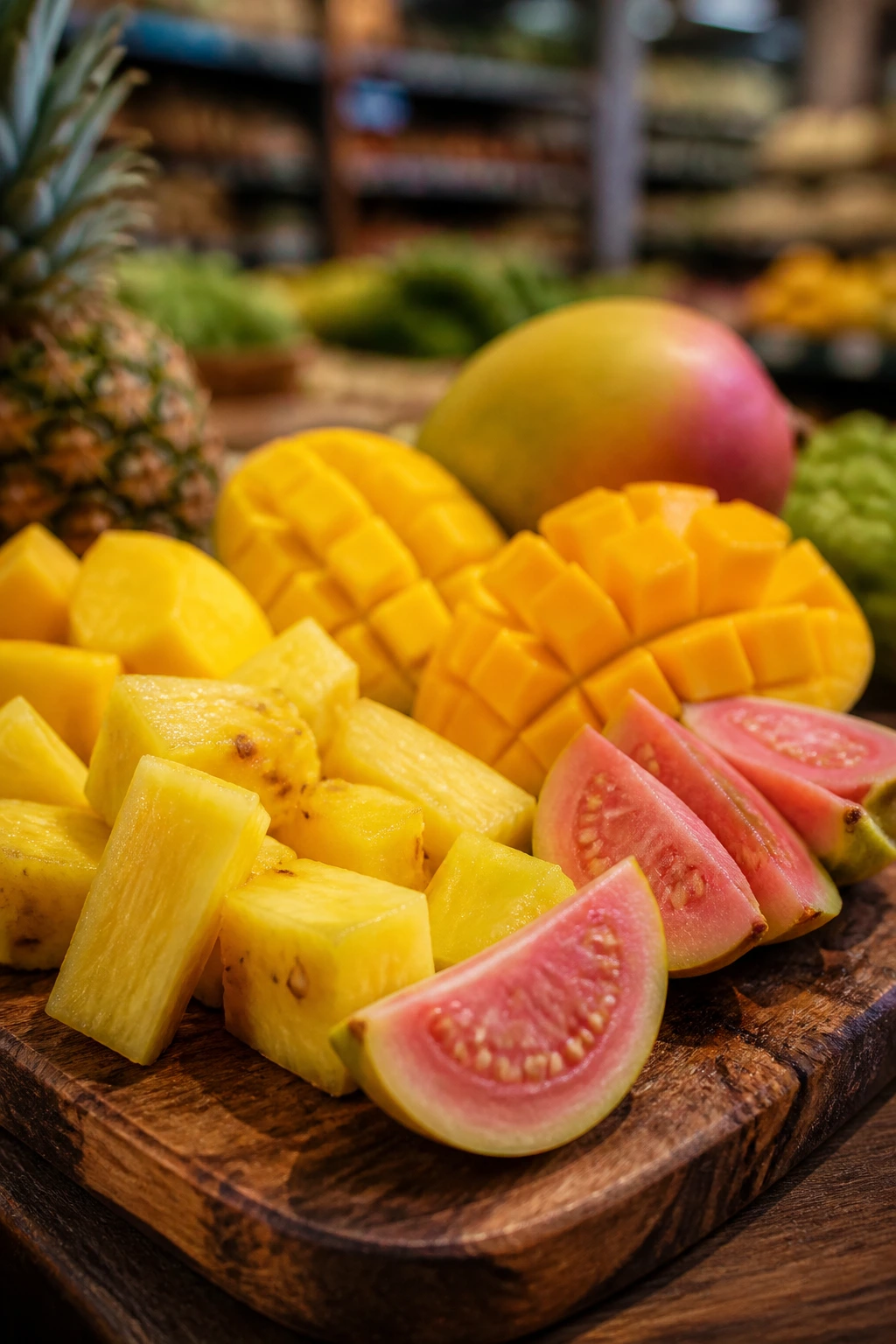 Fresh tropical fruits on cutting board illustrating smart shopping tips