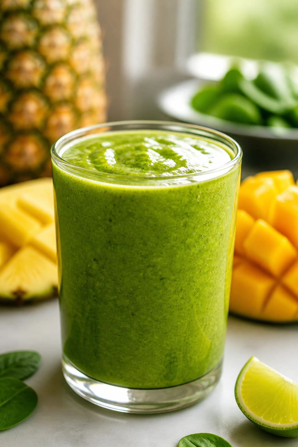 Close-up of Tropical Green Smoothie in a glass, vibrant green with a smooth texture