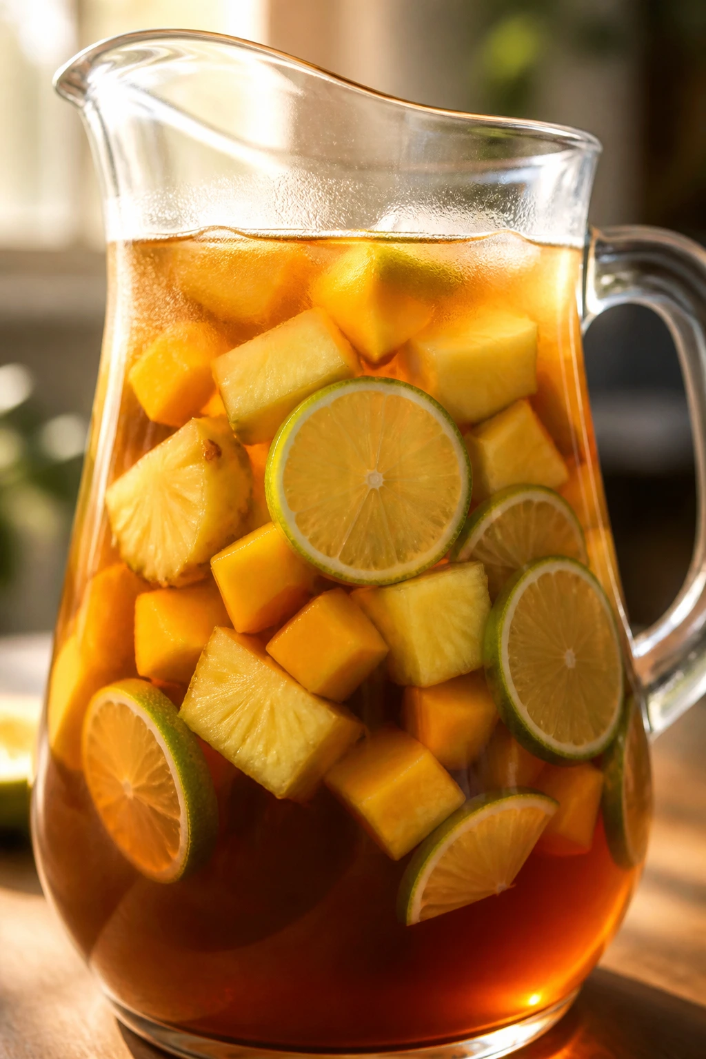 Pitcher showing fruit-infused tea balance under warm light