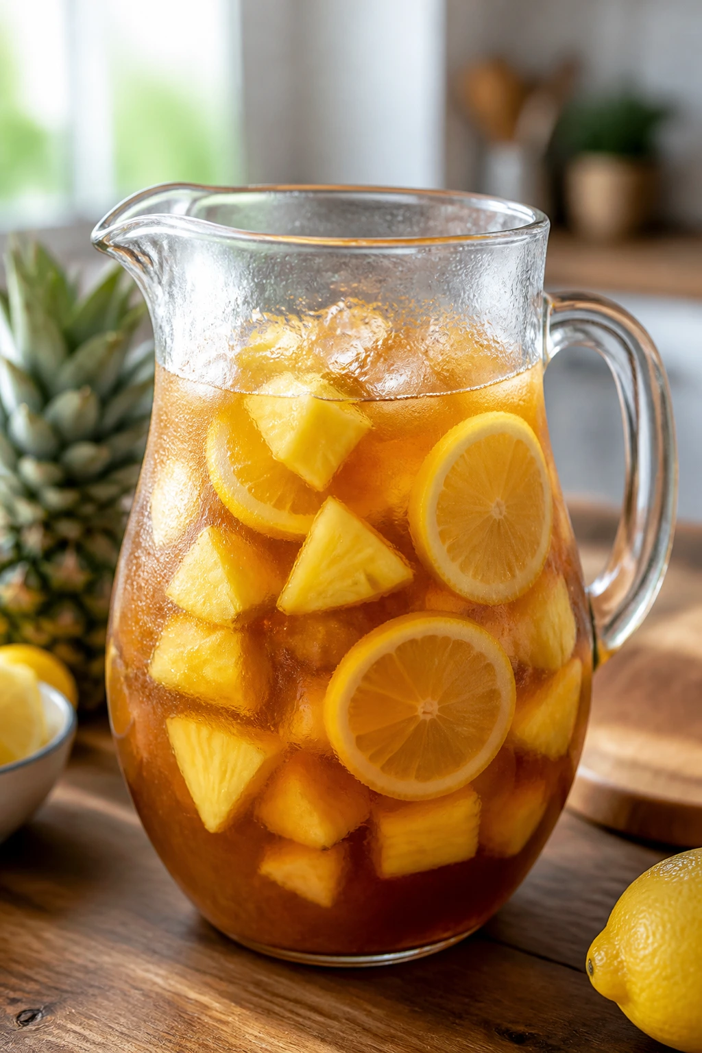 Glass pitcher of tropical iced tea punch with fruit chunks
