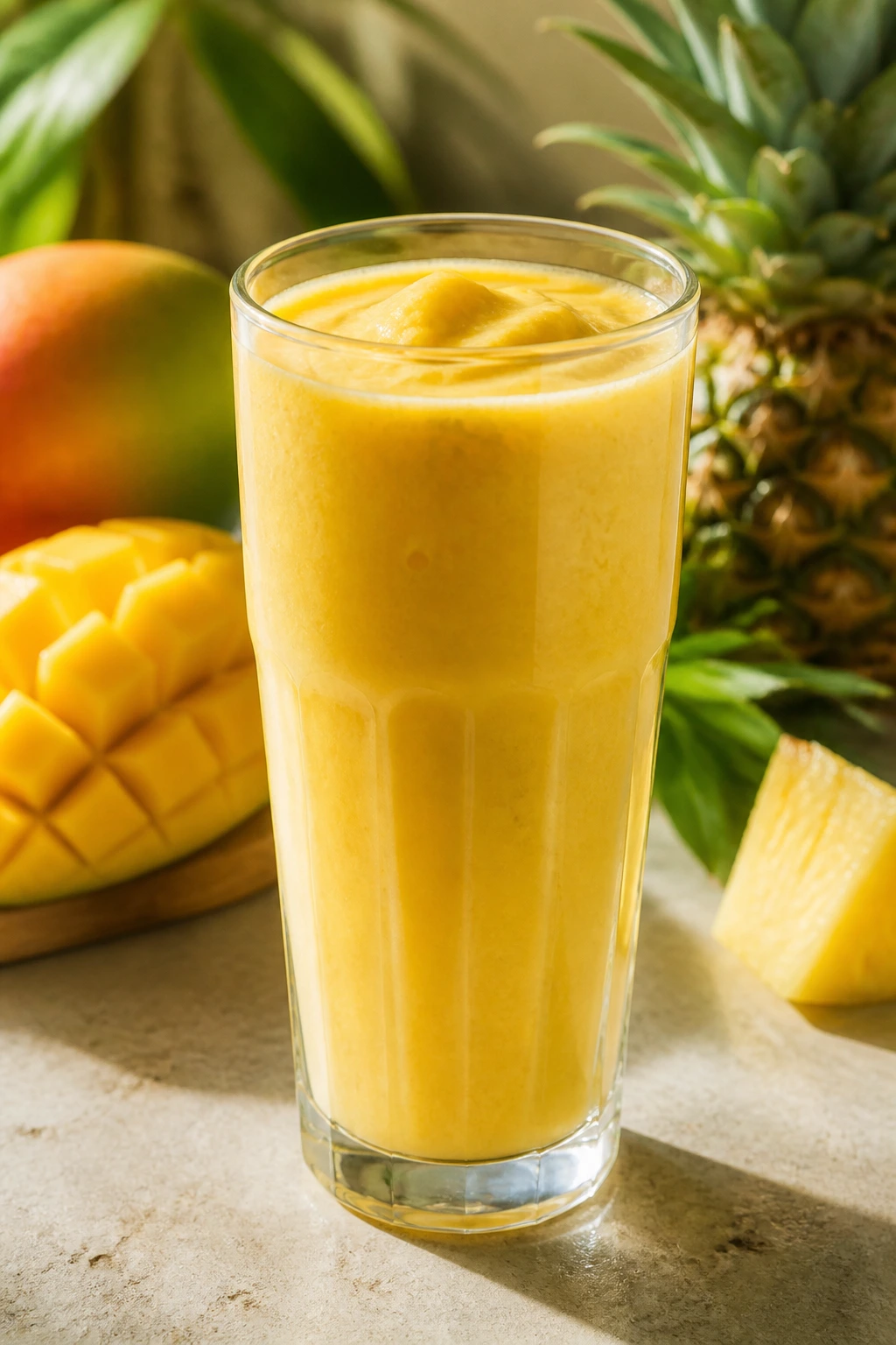 Tropical mango pineapple smoothie in glass