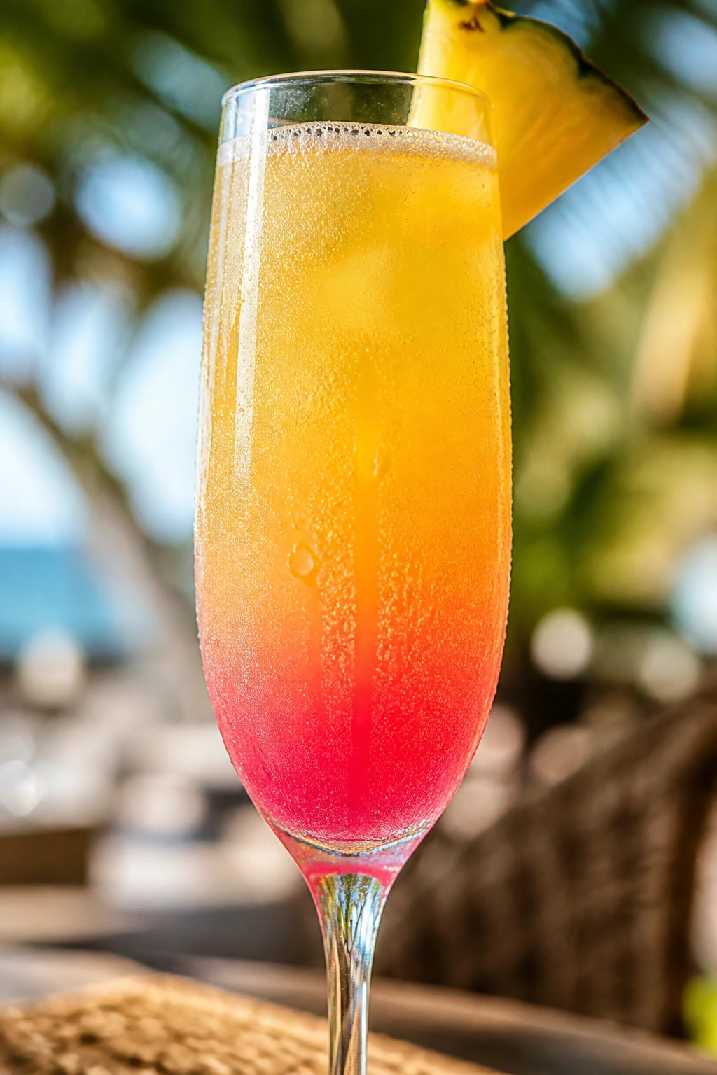 Malibu Mimosa with tropical gradient in a glass on a sunlit patio
