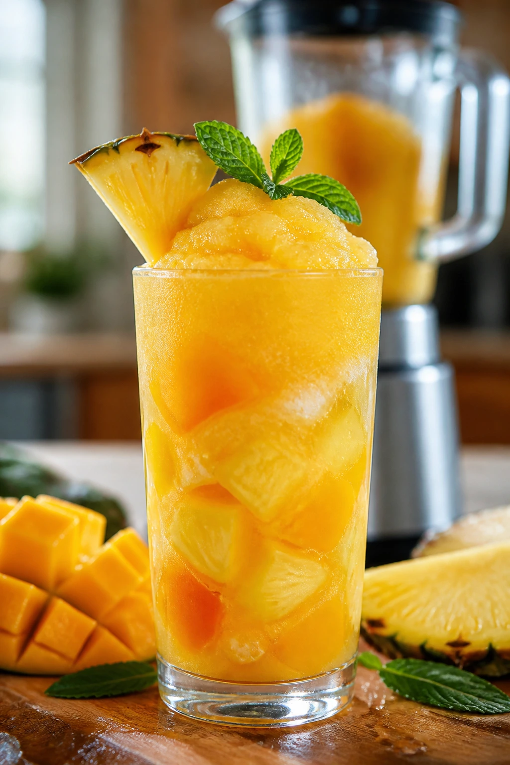 Close-up tropical mocktail slush with pineapple and mango chunks in glass.