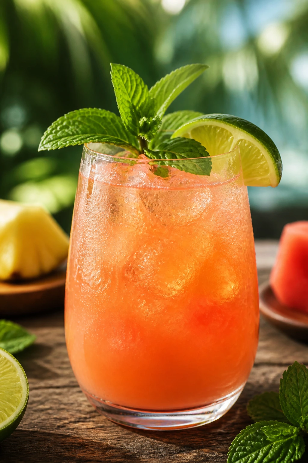 Close-up of a bright tropical mocktail with mint and lime on a wooden table