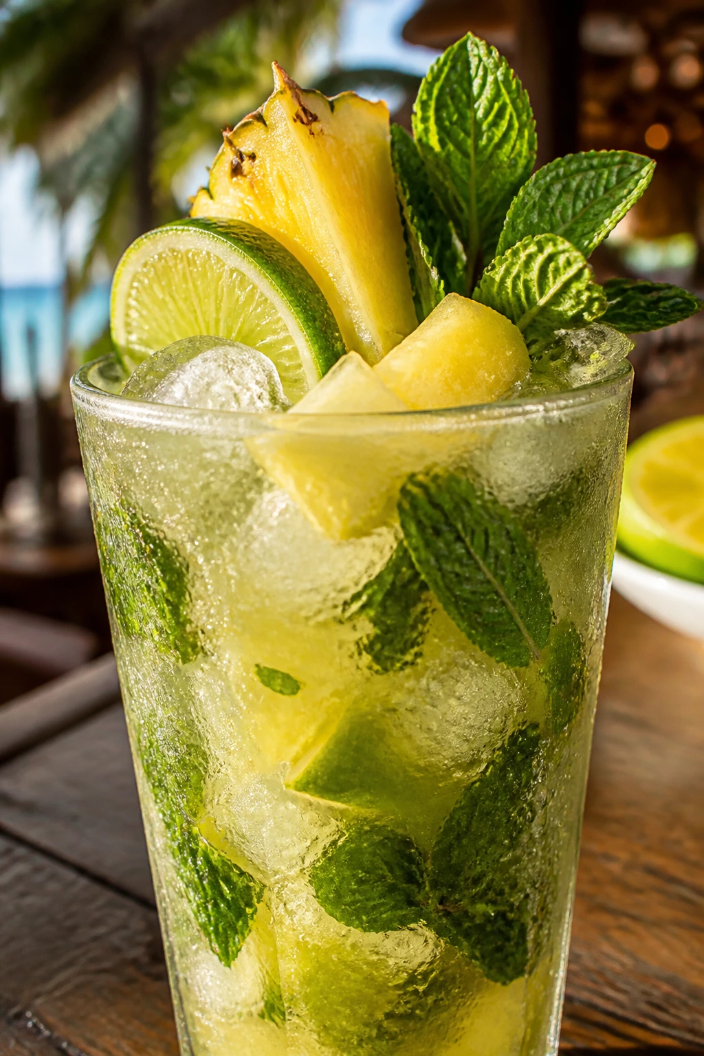 Close-up of a frosty tropical mojito with crushed ice, mint, lime, and pineapple in a tall glass on a sunlit patio