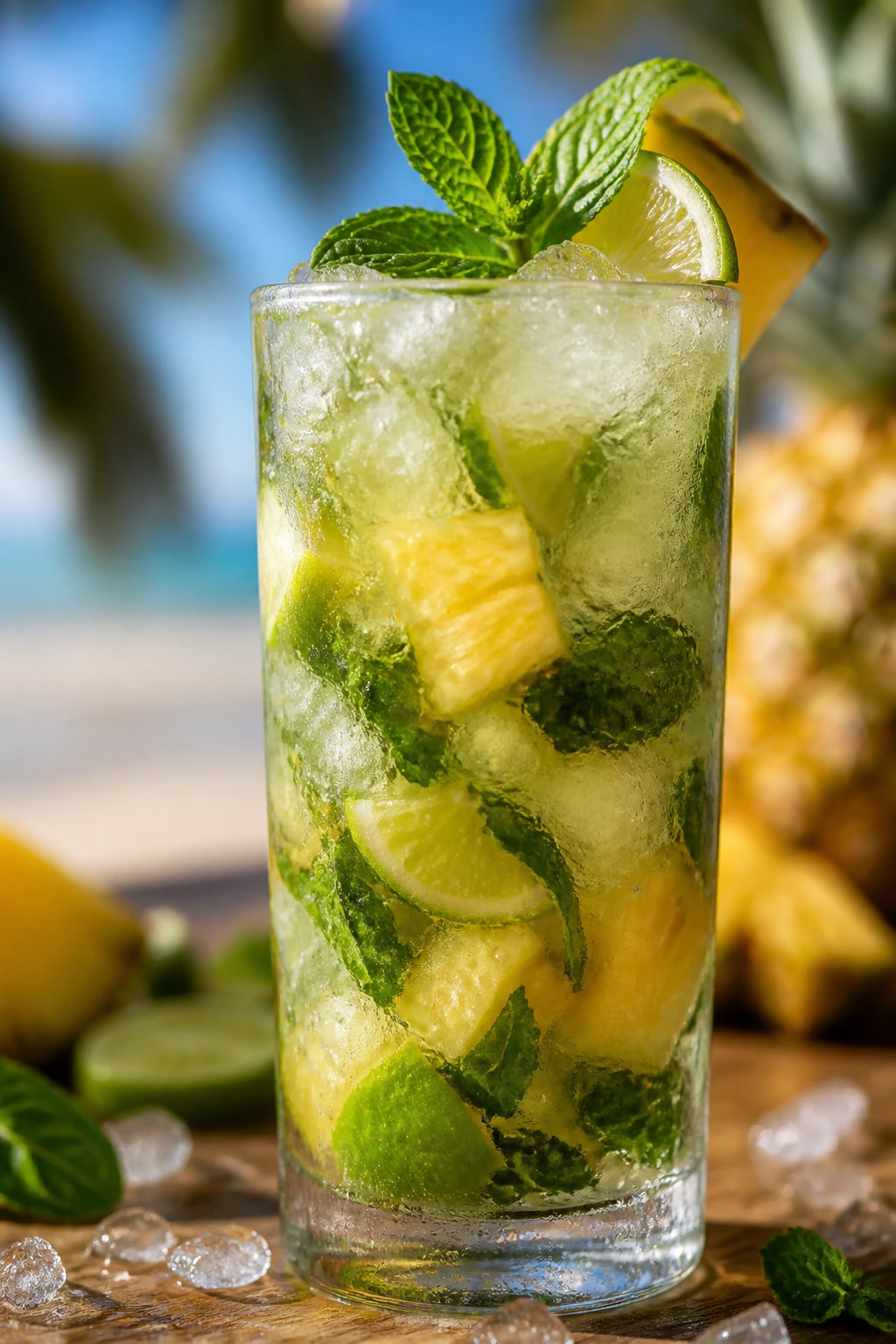 Close-up of a tropical mojito in a tall glass with mint, lime, and pineapple on a beach setting