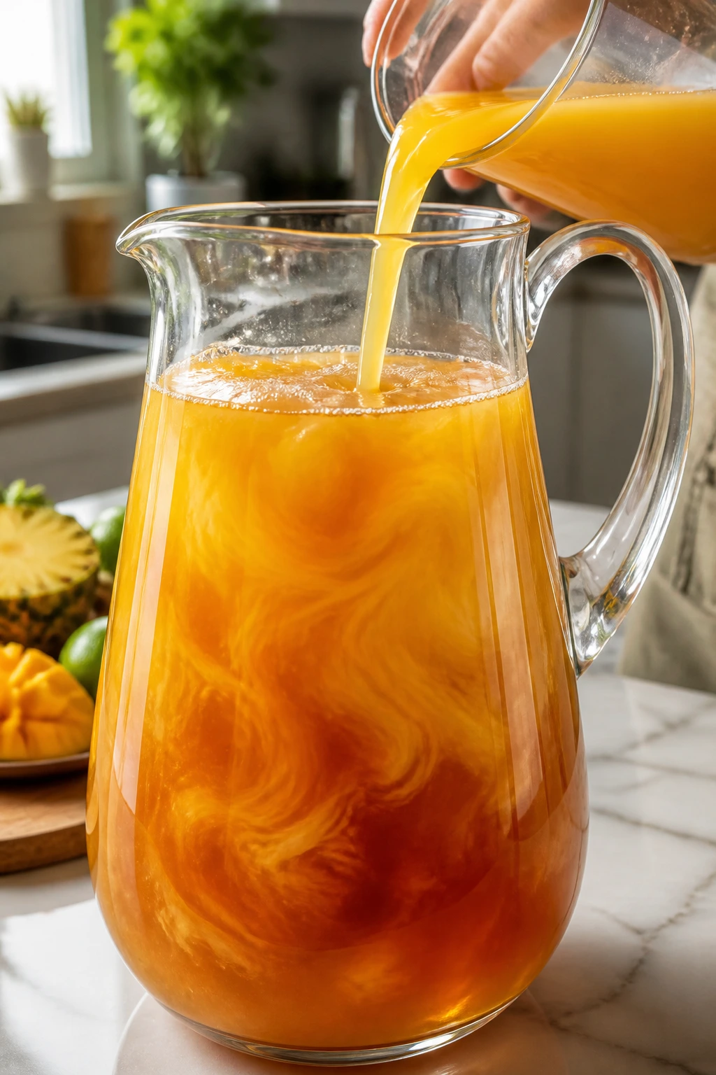 Pitcher with mixed tropical juices and tea on a kitchen counter