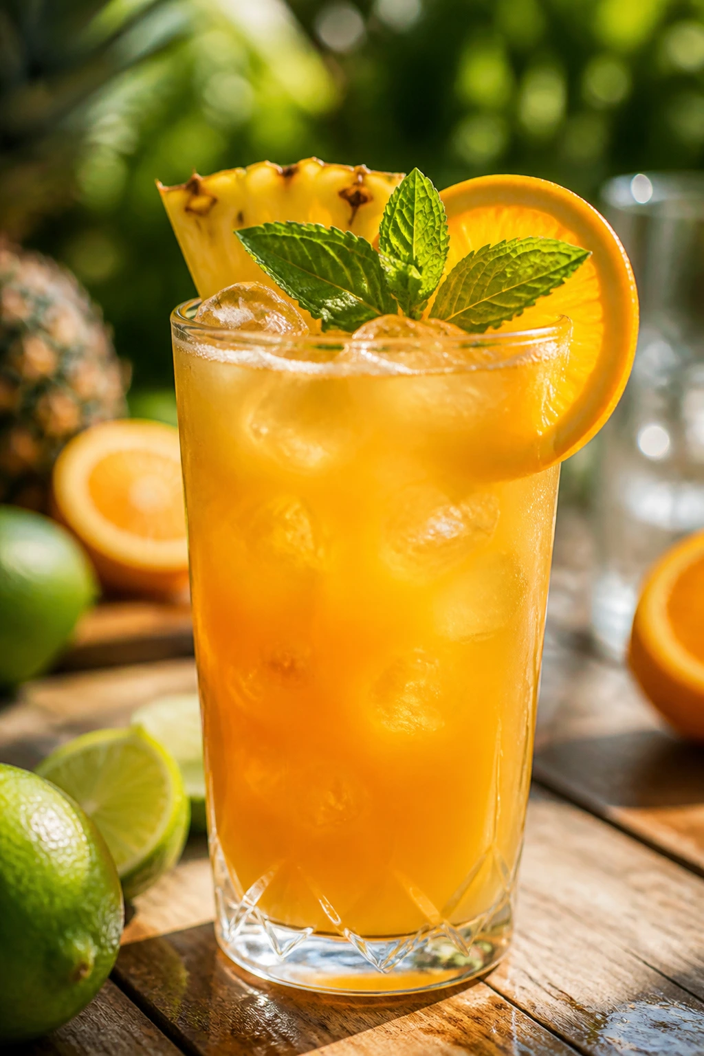 Close-up of a golden tropical rum punch in a glass with citrus and mint on a sunlit patio