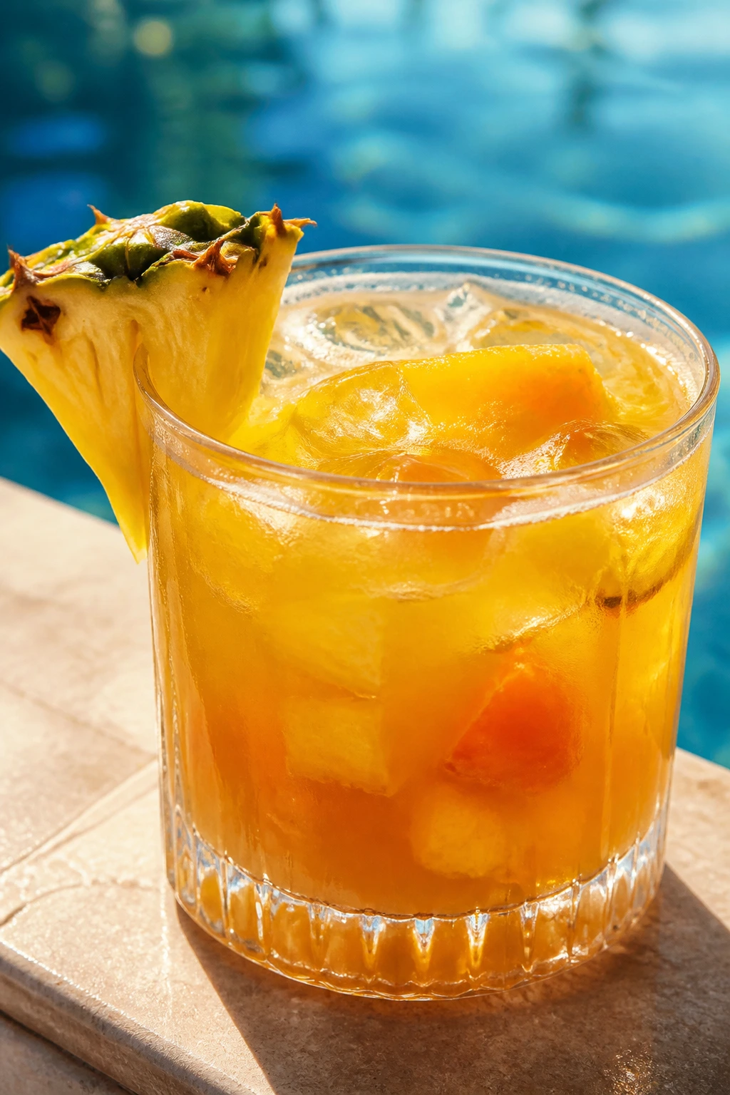 Tropical rum punch in a short glass with pineapple garnish