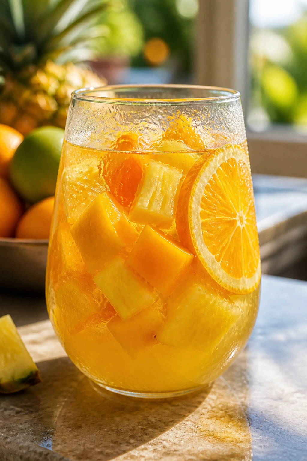 Close-up of Tropical Sangria in a glass with fruit in a bright kitchen