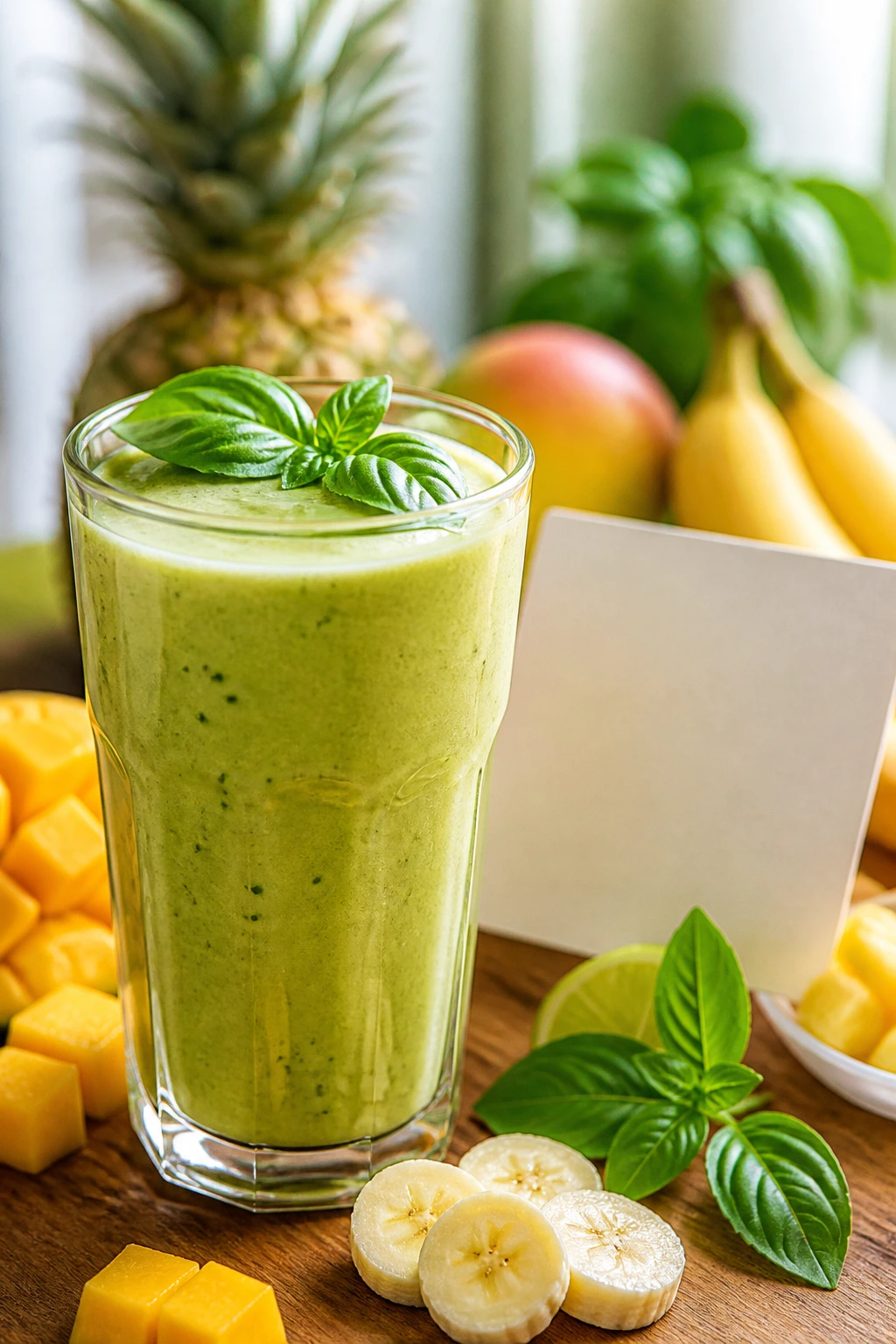 Creamy tropical basil smoothie in a glass with fruit ingredients blurred in background