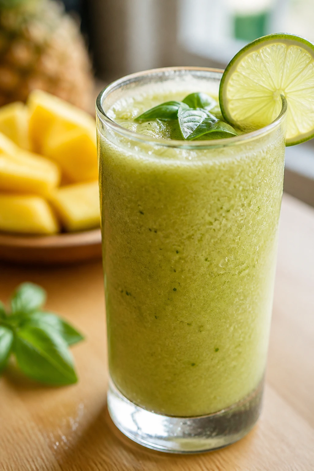 Close-up of a frosty glass of tropical basil smoothie with lime and basil