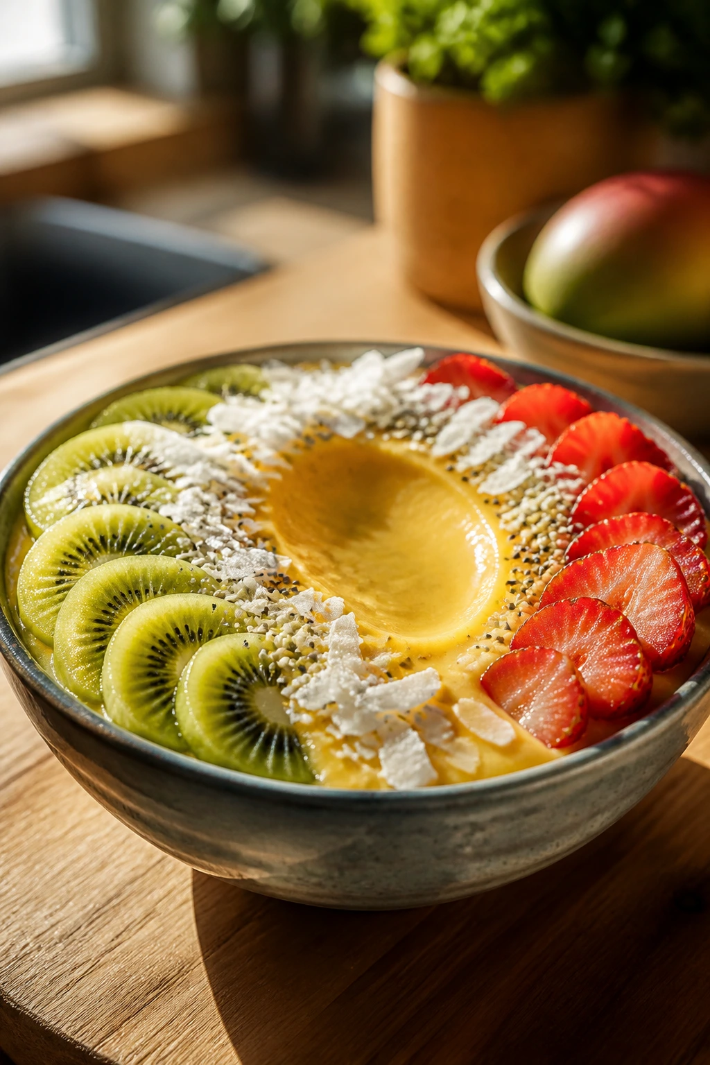 Close-up of a thick tropical smoothie bowl with kiwi and strawberry toppings in a sunlit kitchen