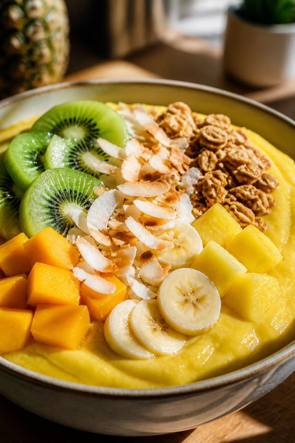 Close-up of a thick tropical smoothie bowl with mango and pineapple base and kiwi topping in a sunlit kitchen