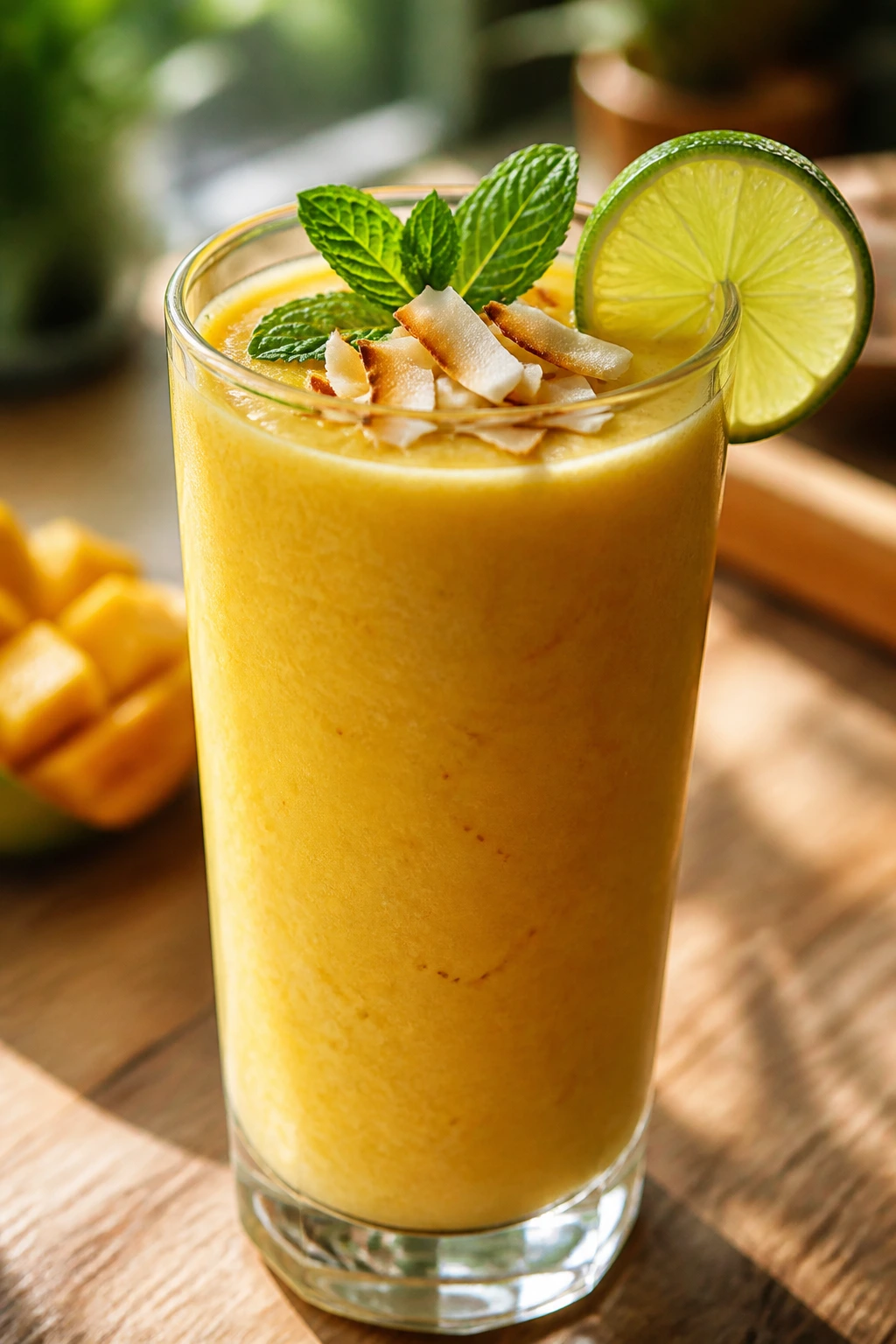 Tall glass of vibrant tropical smoothie with lime wheel and toasted coconut on a sunlit kitchen counter