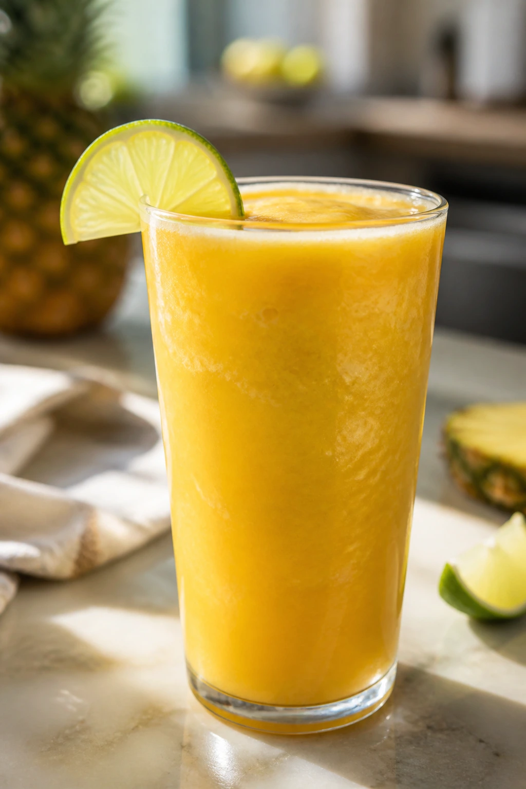 Close-up of thick tropical smoothie in a glass with pineapple and lime on a sunlit kitchen counter