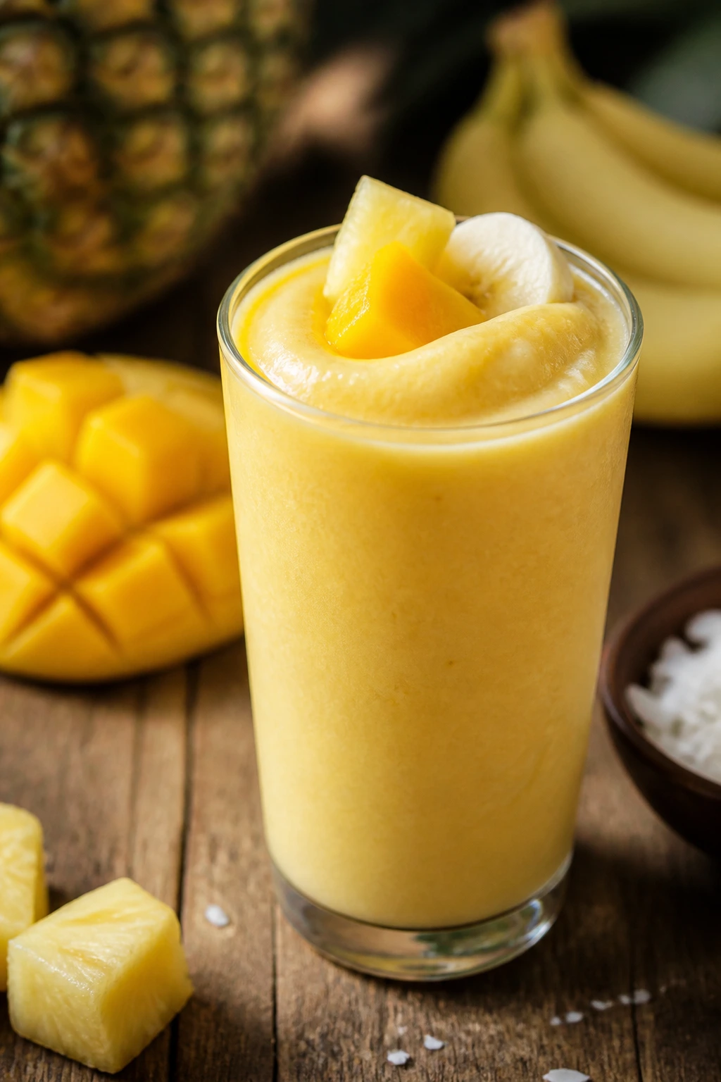 Glass of tropical smoothie with pineapple, mango, and banana hints on rustic counter