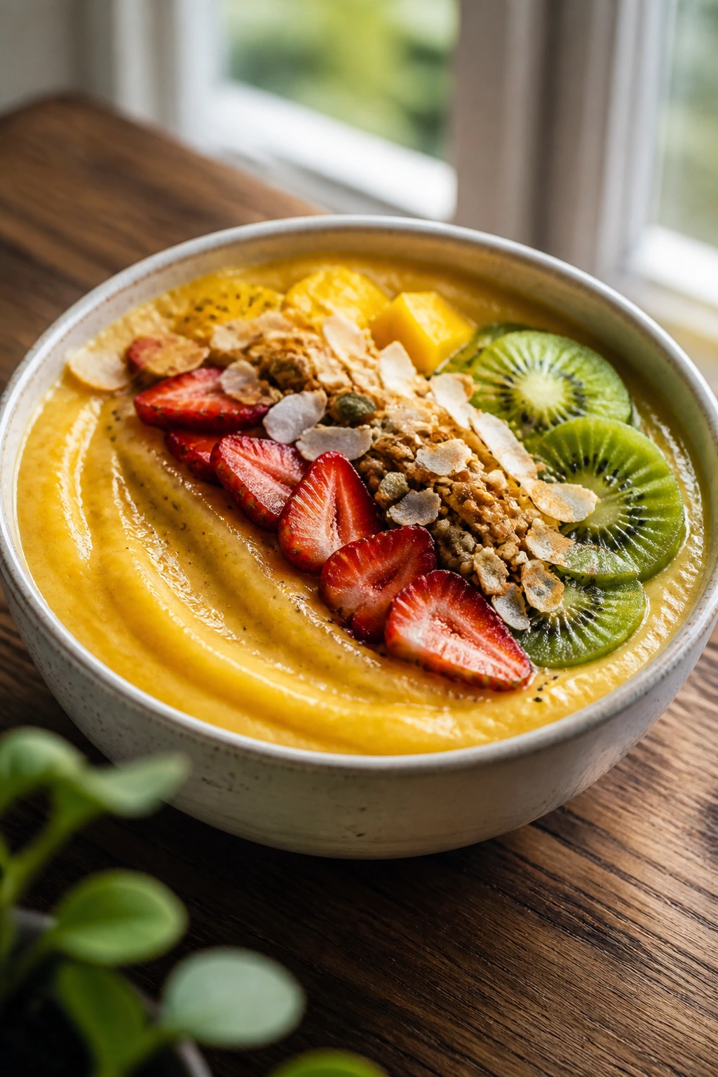 Close-up of thick tropical smoothie bowl with kiwis, berries, granola on a wooden table under natural light